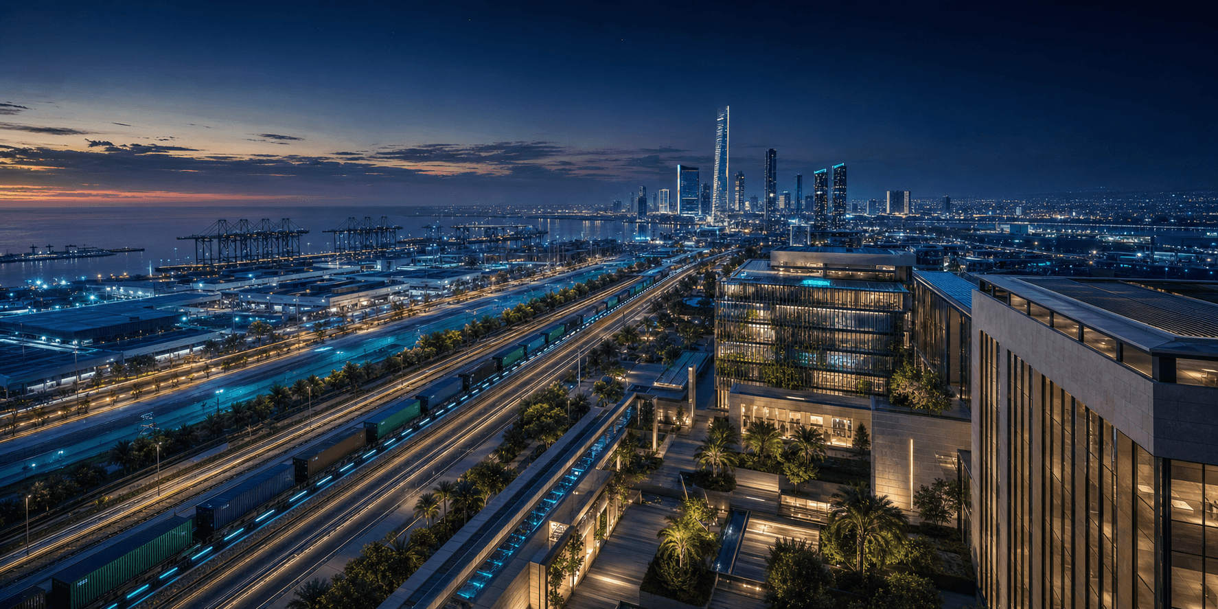 A conceptual Saudi industrial city connected by luminous routes